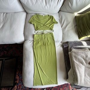 Green Wrap Top and Skirt Set